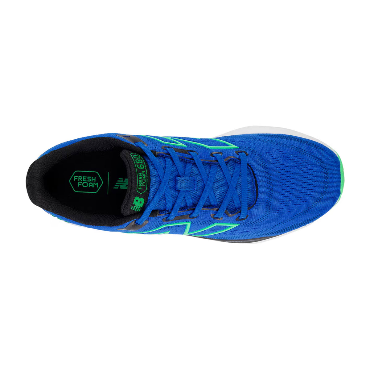 Top view of a blue New Balance 680V8 running shoe with green and yellow accents and &quot;fresh foam&quot; printed inside.