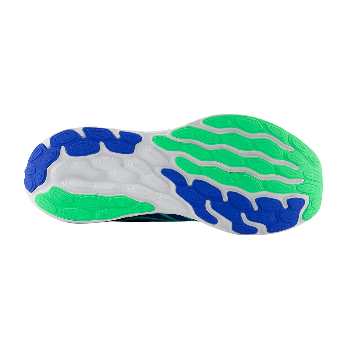 Sole of a lace-up sneaker featuring a white base with blue and neon green traction patterns, isolated on a white background. 
Product Name: New Balance 680v8 Blue Oasis/Lime Leaf/Black/White - Mens