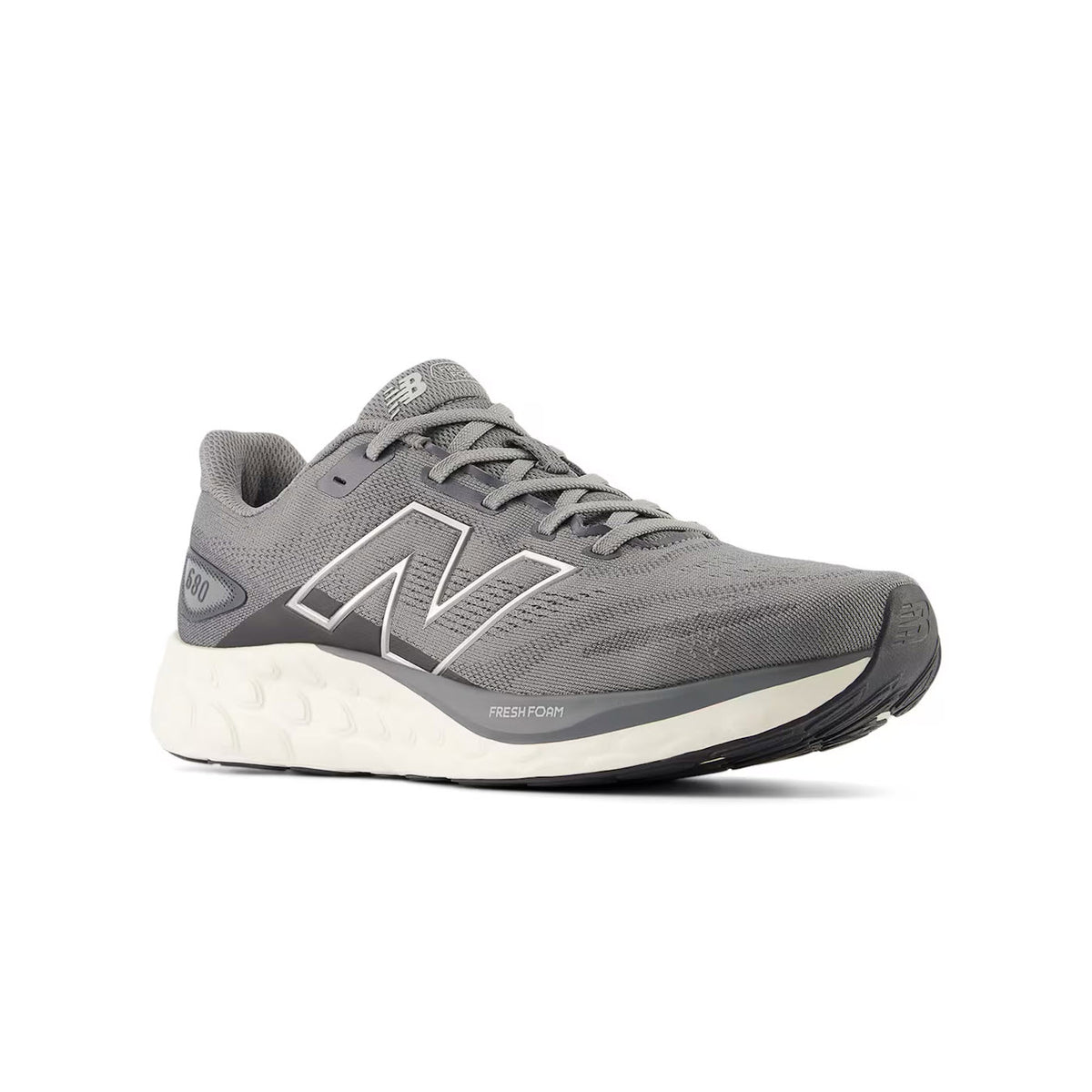 A single New Balance 680v8 Blue Harbor Grey/Magnet/Dark Silver running shoe, featuring a prominent logo and cushioned midsole, displayed against a white background.