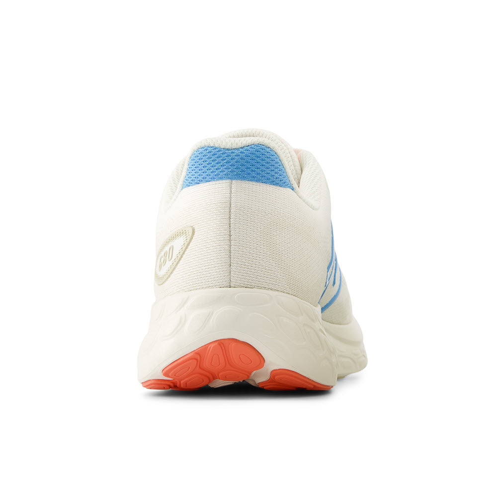 Rear view of a white and blue New Balance Sea Salt/Lime Leaf/Coastal Blue running shoe with a red sole, isolated on a white background.
