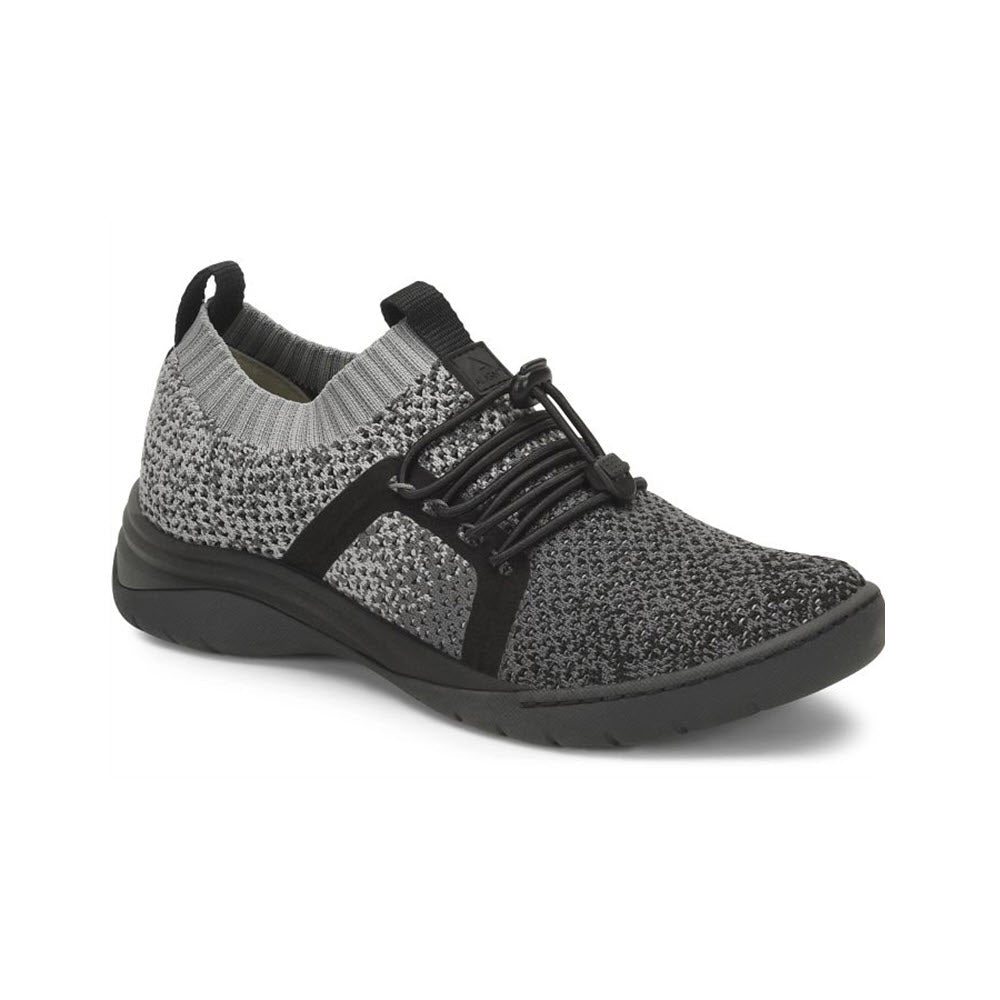 Gray and black knitted sneaker with Align™ orthotic insole and elastic laces on a white background.