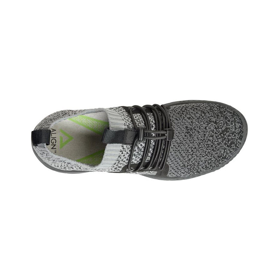 Top-down view of a grey knit sneaker with black straps, featuring an ALIGN TORRI CHARCOAL OMBRE orthotic insole, displaying the Align brand on the tongue.