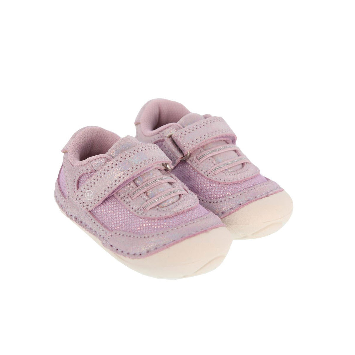 A pair of Stride Rite SM Jazzy Purple Multi - Kids toddler shoes with metallic velcro fasteners and white soles, isolated on a white background.