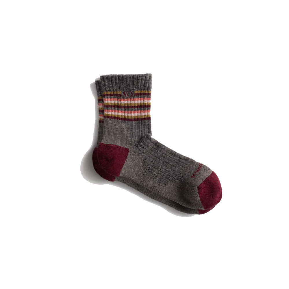 A single taupe Wide Open Micro Crew Sock with maroon toe and heel accents, autumnal stripes near the top, isolated on a white background.