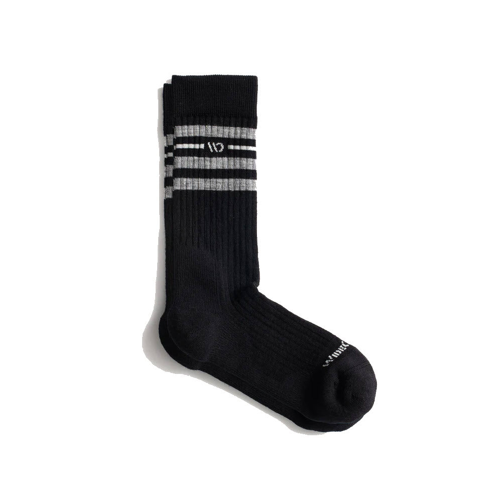 A single sock from Wide Open's Vintage Stripe Crew for men, in black with gray stripes and a ribbed texture, featuring a True Seamless Toe for comfort, is on a white background.