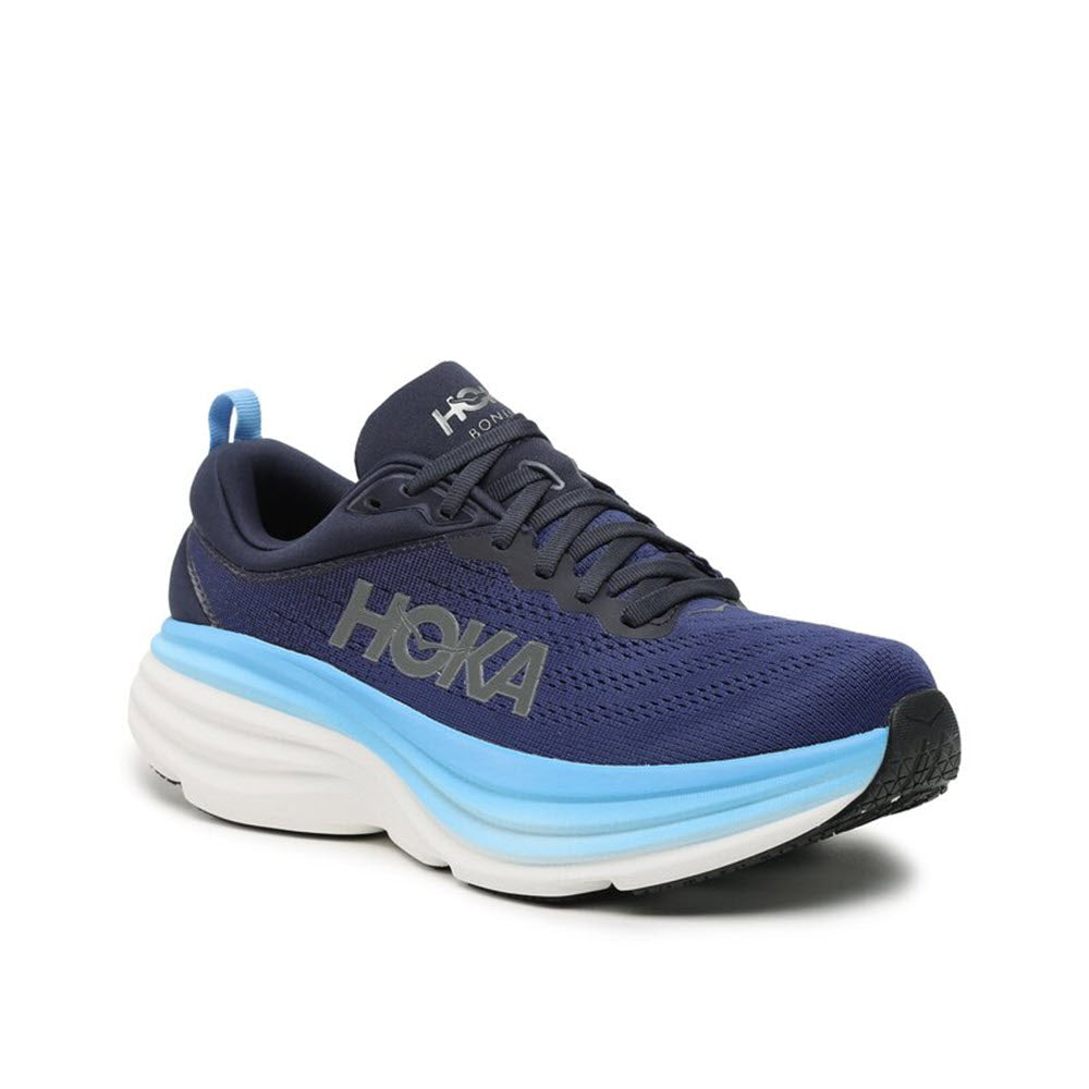 A single HOKA BONDI 8 OUTER SPACE/ALL ABOARD - MENS running shoe with a white and light blue thick, ultra-cushioned sole, displayed against a white background.