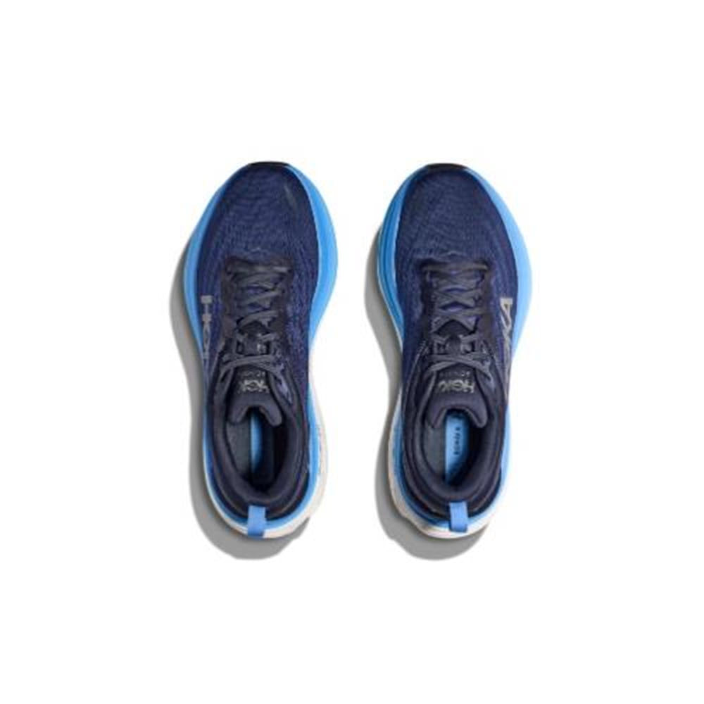 A pair of blue HOKA BONDI 8 OUTER SPACE/ALL ABOARD running shoes with laces visible, viewed from above on a white background.