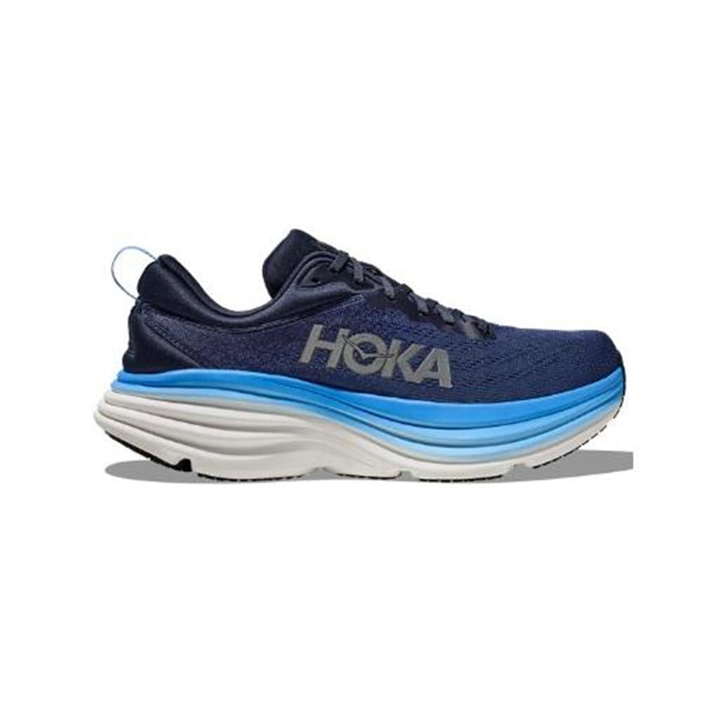 A single navy blue HOKA BONDI 8 OUTER SPACE/ALL ABOARD running shoe with the Hoka brand name prominently displayed on the side, featuring a thick white sole.