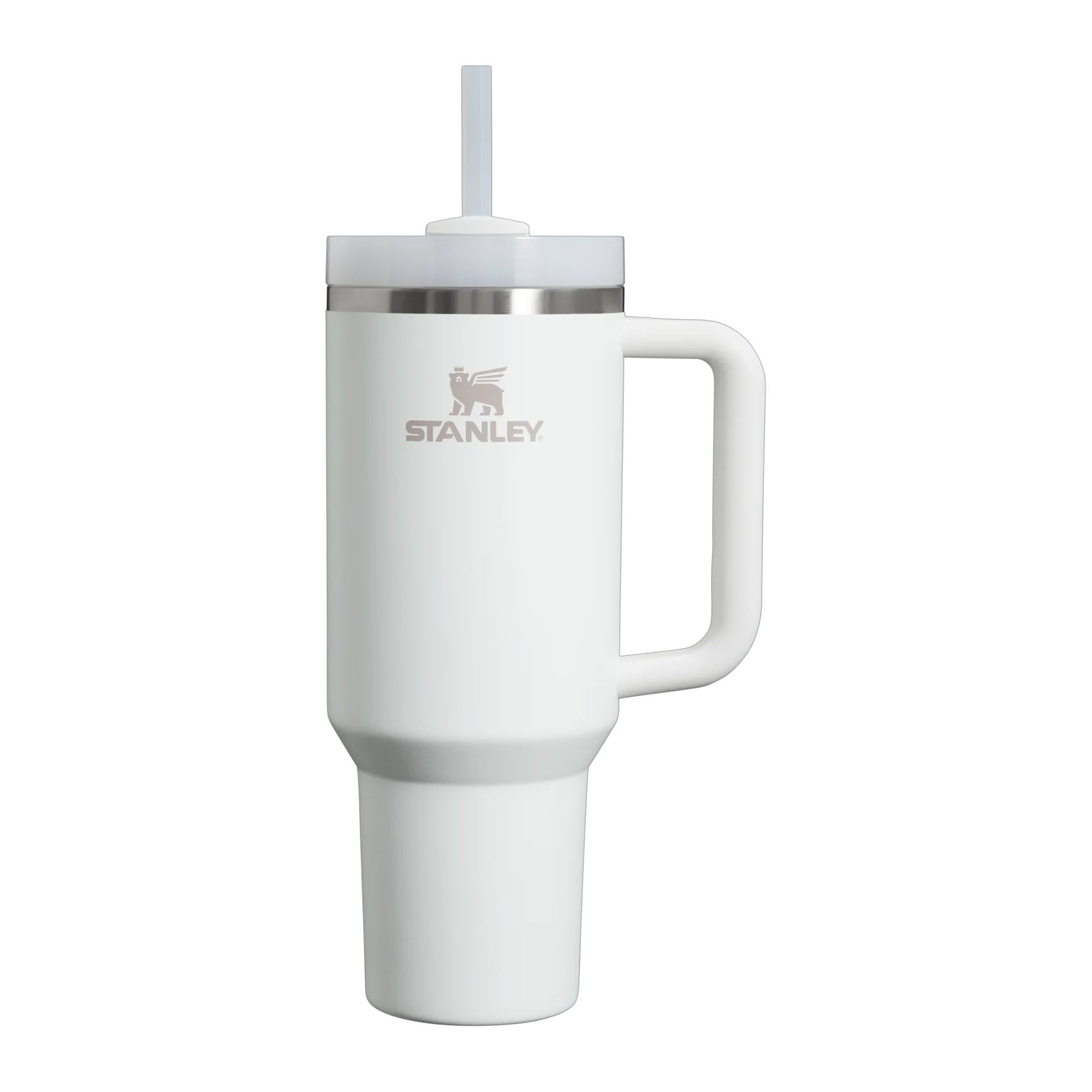 A white Stanley Quencher H2O FS Tumbler 40 Frost with a handle and a FlowState™ lid, isolated on a white background.