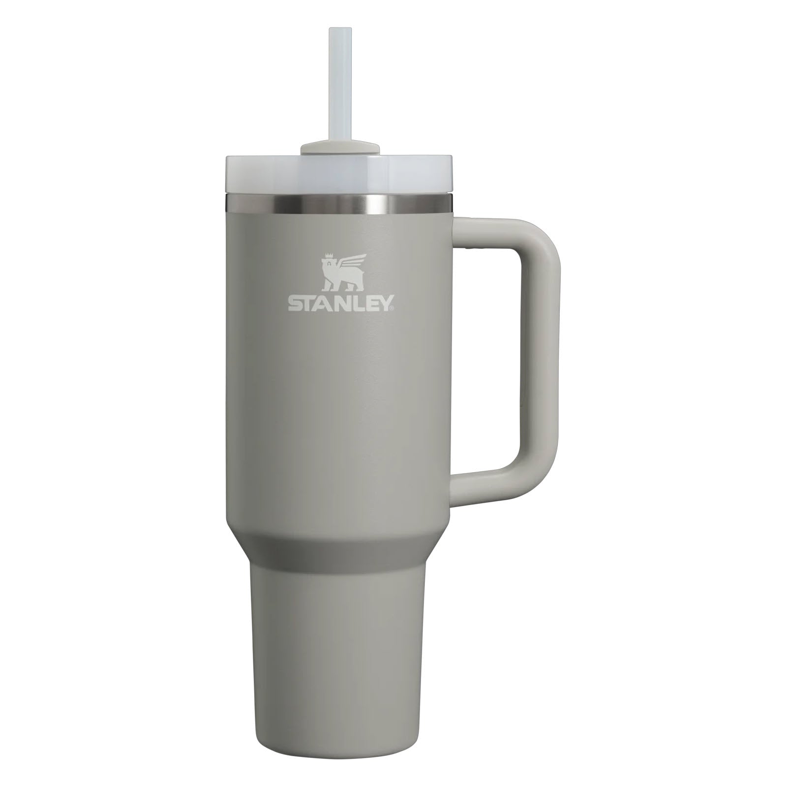 A gray Stanley Quencher H2O FS Tumbler 40oz Ash with lid features, a handle and straw, isolated on a white background.