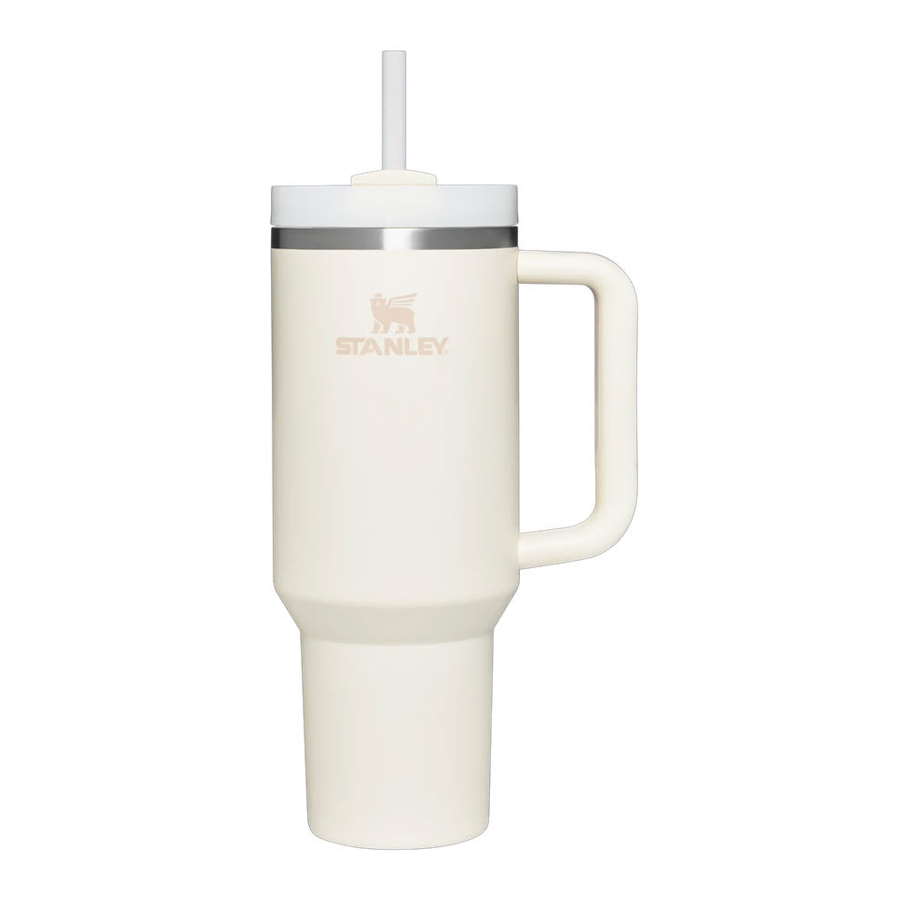 White Stanley Quencher H2O FS Tumbler 40 Cream with a handle and straw, isolated on a white background.