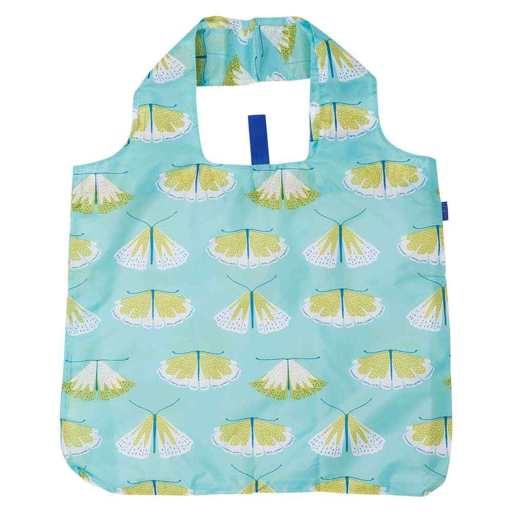 Replace the product in the sentence with BLU BAG MOTH by Rockflowerpaper: Reusable BLU BAG MOTH with a light blue background and a pattern of yellow and white open umbrellas, featuring an eco-friendly shopping blue handle.