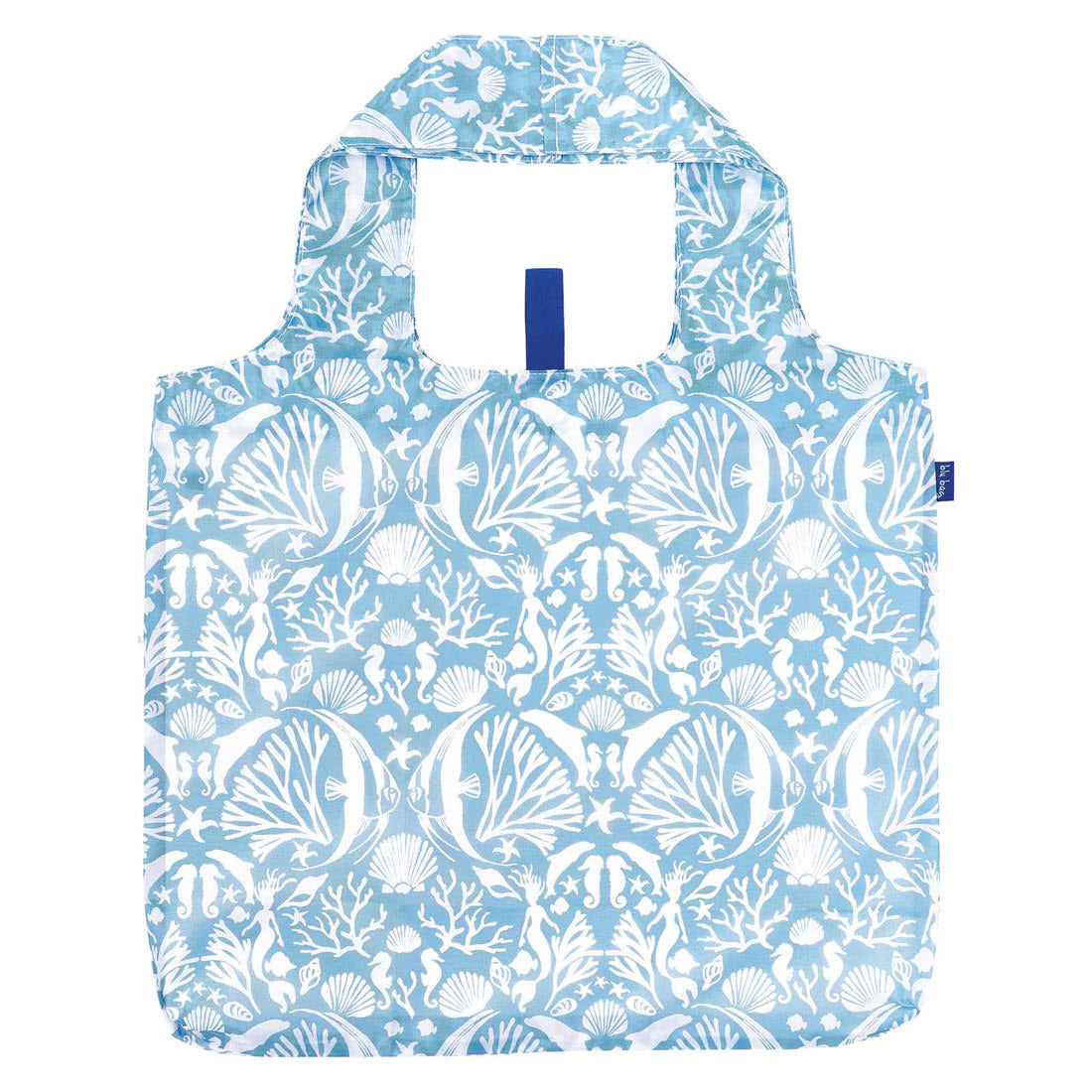 Reusable market tote with a BLU BAG UNDERWATER SEA BLUE design, featuring built-in handles and a compact, foldable structure by Rockflowerpaper.