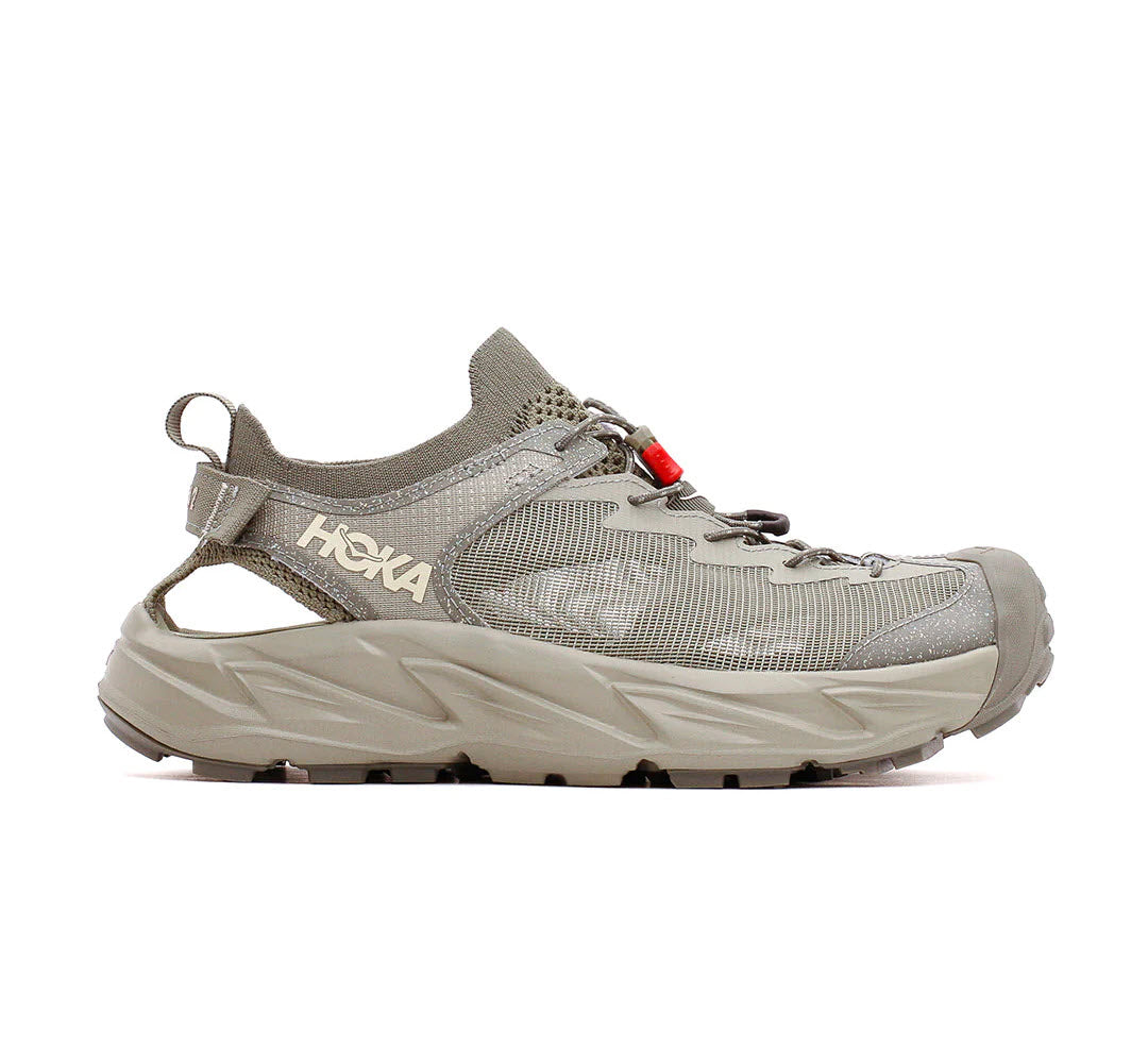 A gray HOKA HOPARA 2 trail running shoe with thick sole and lace-up front.