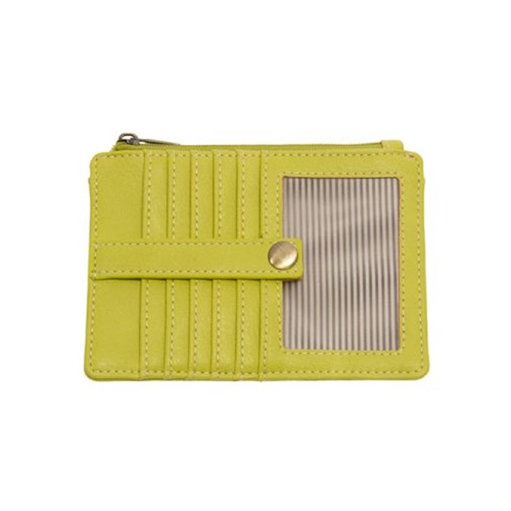 A JOY SUSAN PENNY MINI TRAVEL WALLET CITRUS with vertical stitching, a button clasp, and a silver-panel accent isolated on a white background.
