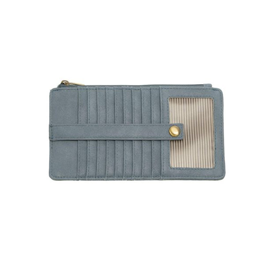 A Joy Susan Kara Mini Wallet Bluebird with pleated design and a contrasting beige panel, featuring a snap button closure and credit card pockets, isolated on a white background.