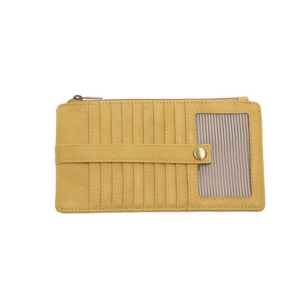 A JOY SUSAN KARA MINI WALLET MELLOW YELLOW vegan leather wallet with vertical stitching and a buttoned strap closure, featuring credit card pockets and a clear ID window on one side.