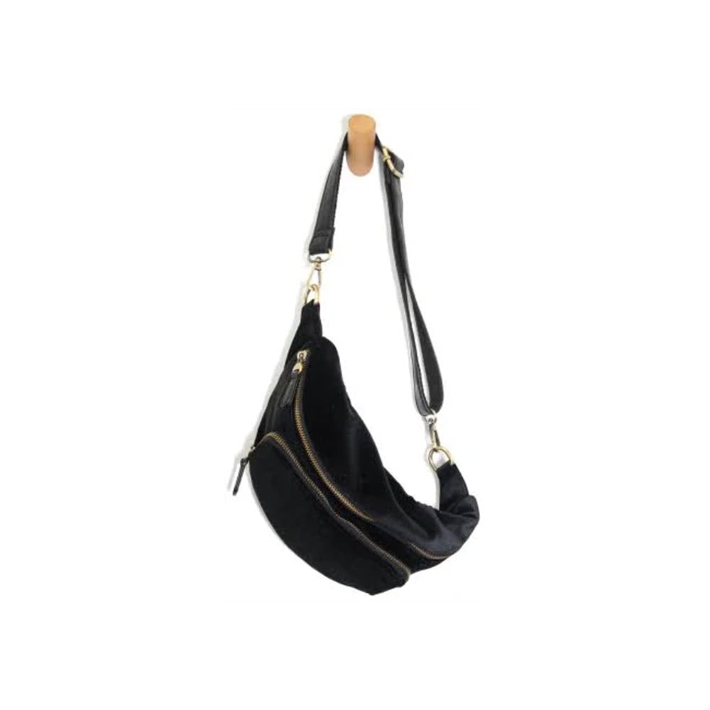 JOY SUSAN KYLIE BELT BAG BLACK with convertible strap and multiple zippers, isolated on a white background.