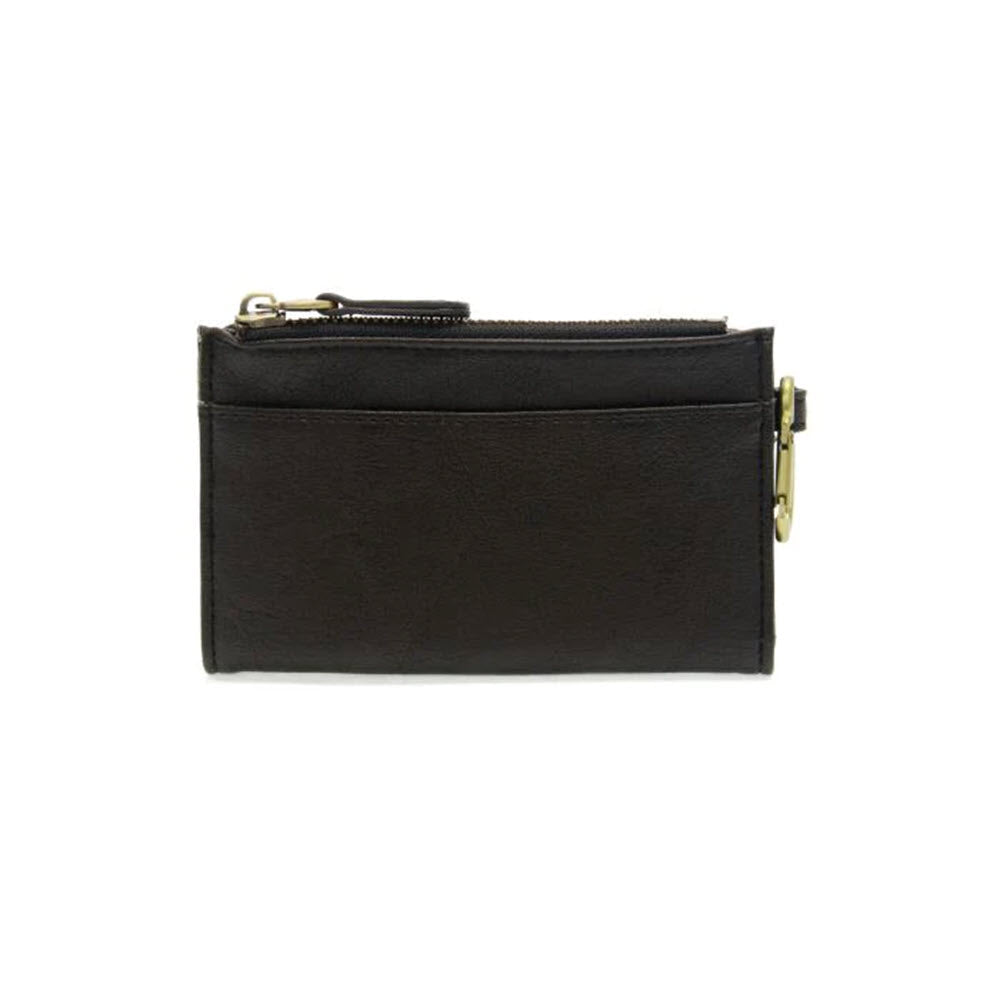 A small black leather Joy Susan Bobbie Bifold Wallet with multiple zippers, isolated on a white background.