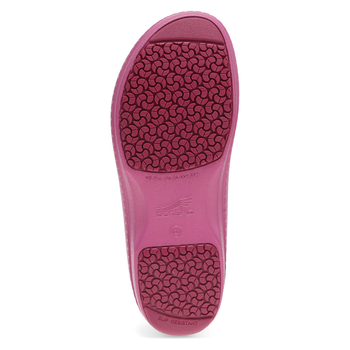 Bottom view of a pink slip-resistant, bio-based EVA Dansko shoe sole with a heart-shaped tread pattern.