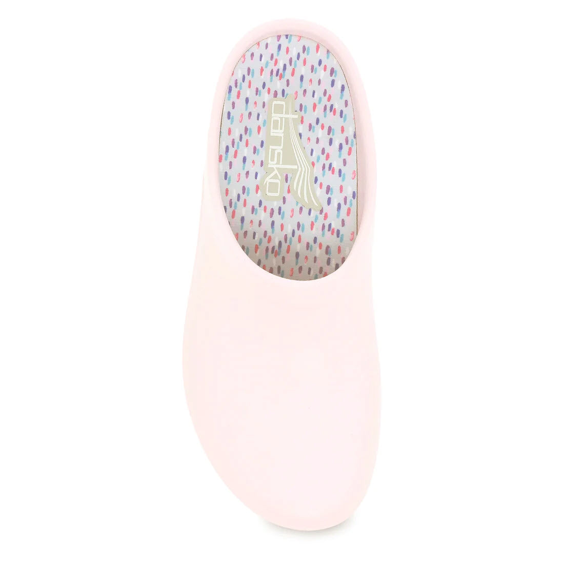 Pale pink ergonomic slipper with a dotted insole design, viewed from the top, featuring a slip-resistant rubber outsole: Dansko Kaci Pink - Womens by Dansko.