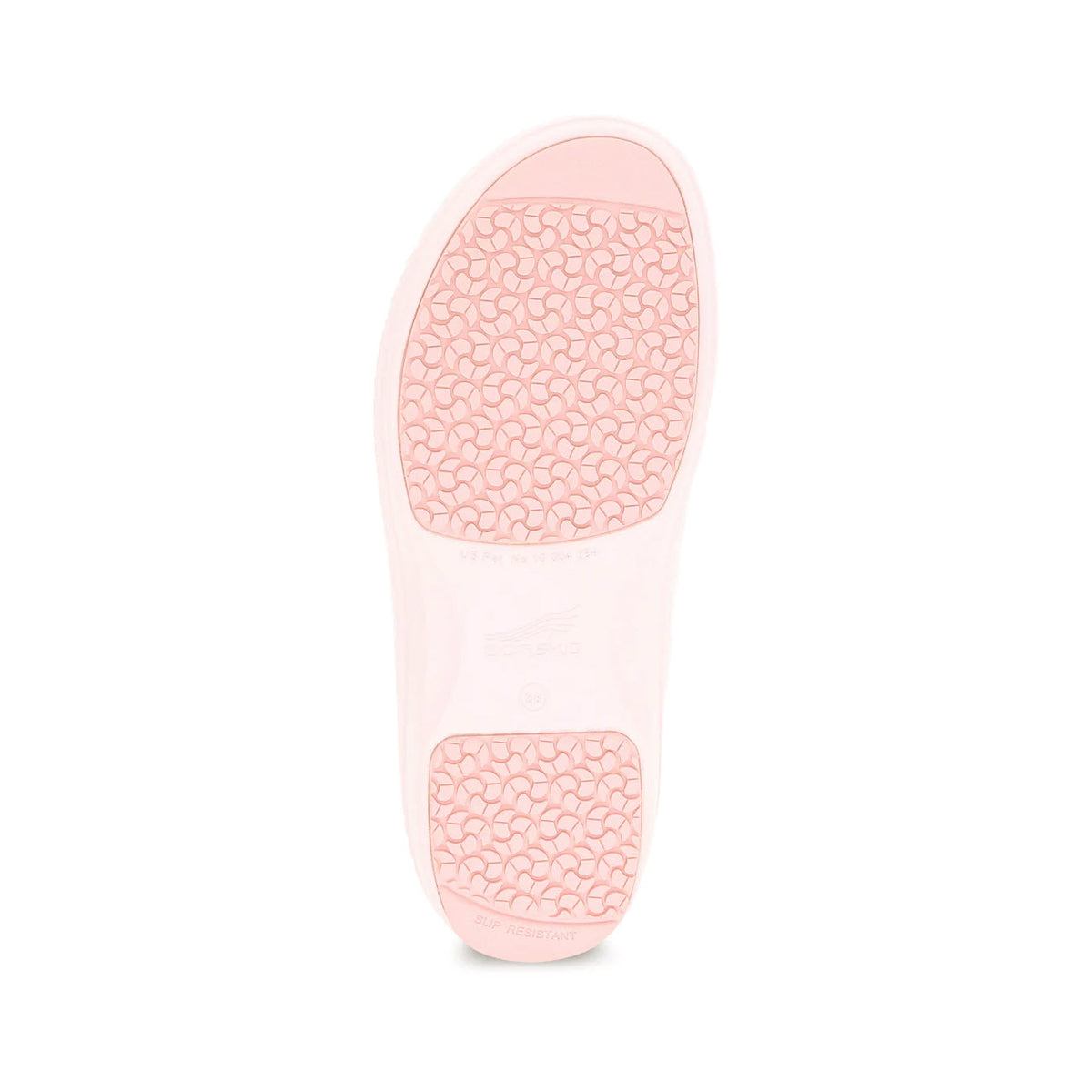 Sole of a DANSKO KACI PINK - WOMENS shoe with a slip-resistant rubber outsole and brand markings, viewed from below against a white background.