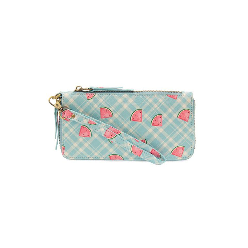 Small blue checkered Joy Susan Chloe printed wallet with watermelon slice pattern, a zipper closure, and a removable wristlet strap.