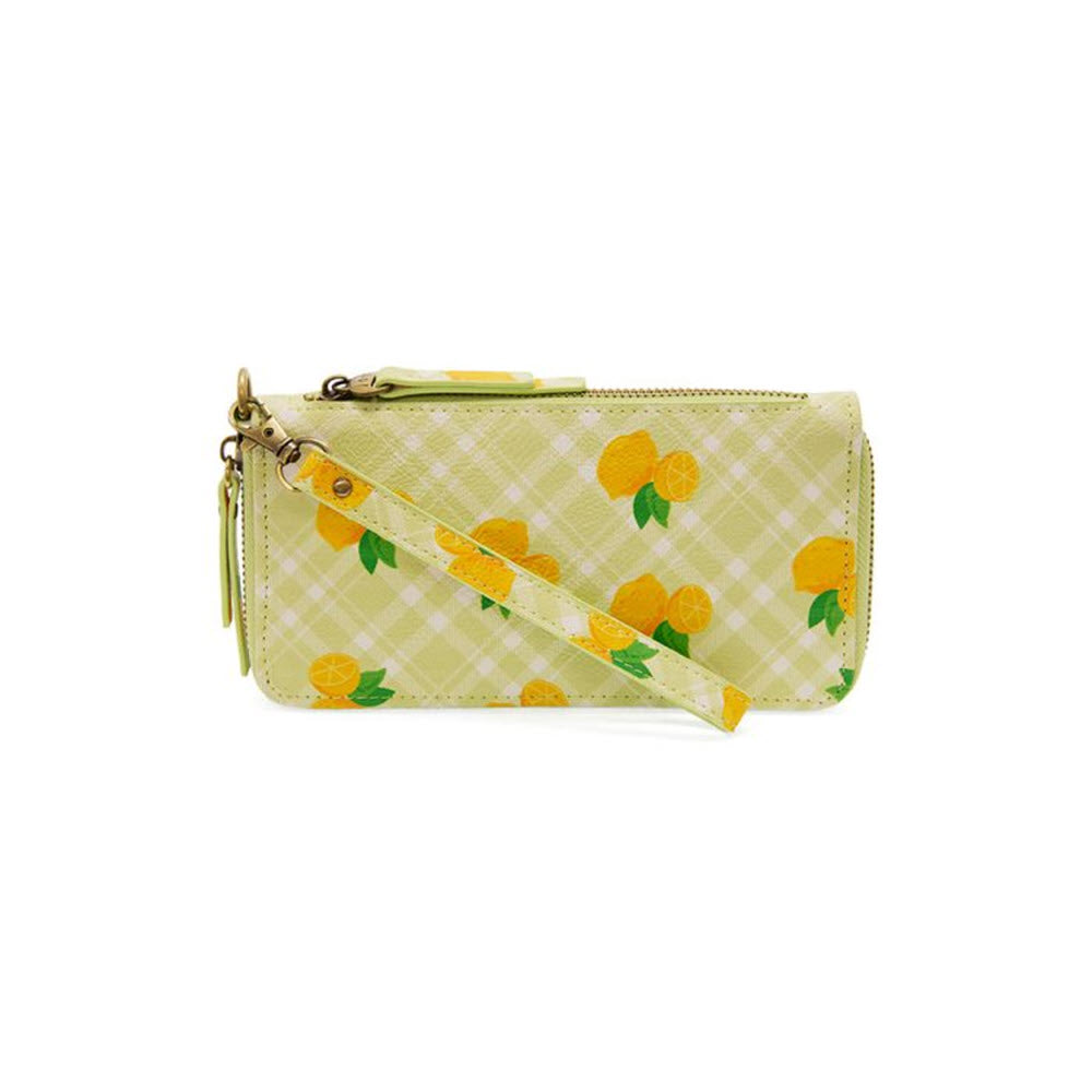 A small, zippered wristlet with a yellow checkered pattern and bright orange citrus fruit designs from Joy Susan, featuring a wrist strap.