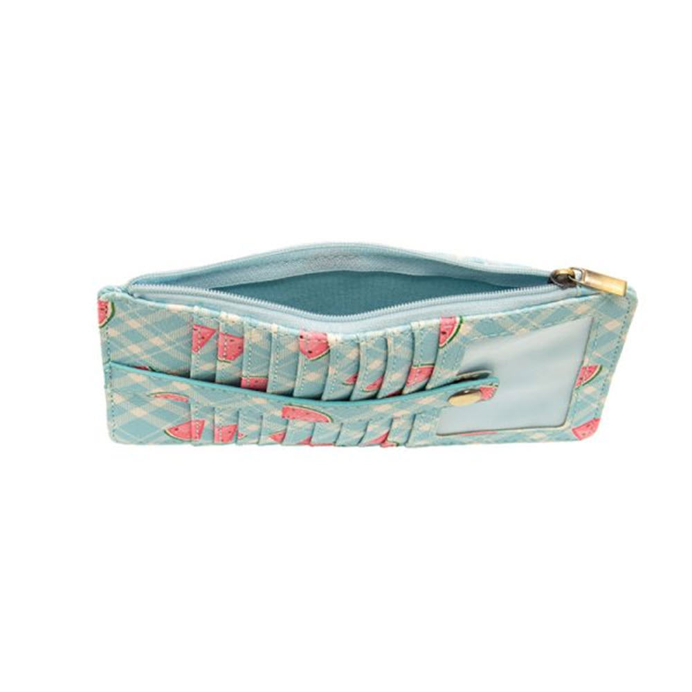 Sentence with replaced product: A small, rectangular fabric JOY SUSAN KARA PRINTED WALLET WATERMELON with a plaid and feather pattern, featuring a zip closure on top.
