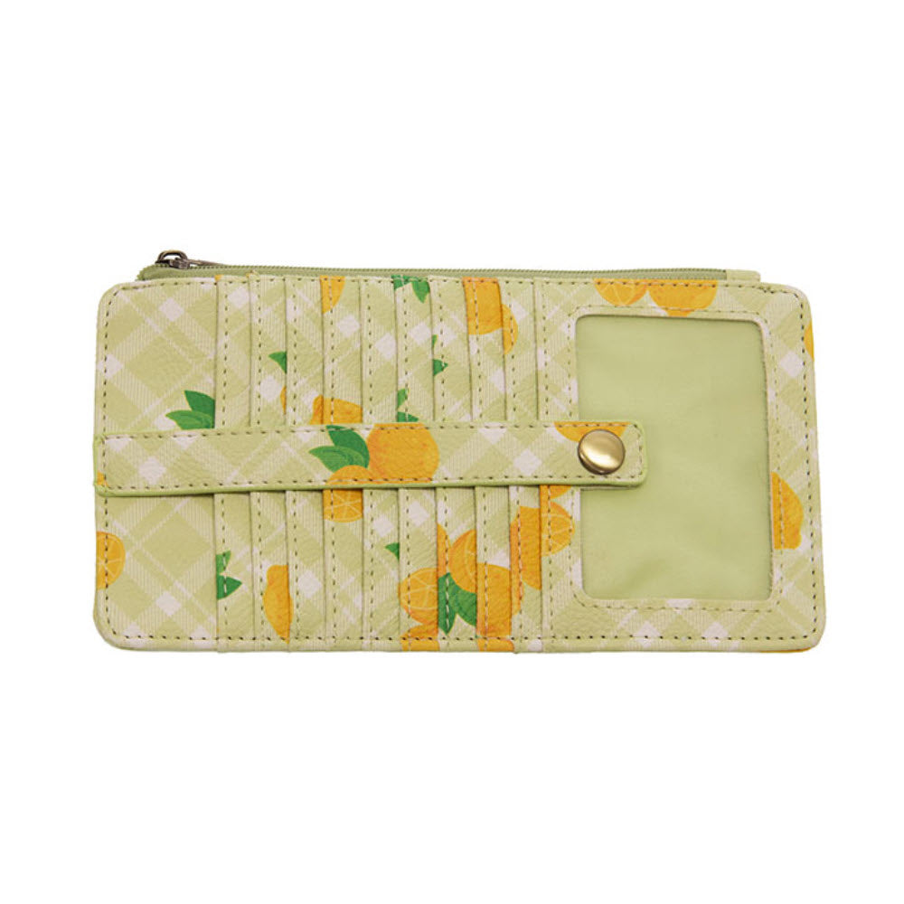 A Joy Susan Kara printed wallet lemon with card slots, a strap closure, and zipper.