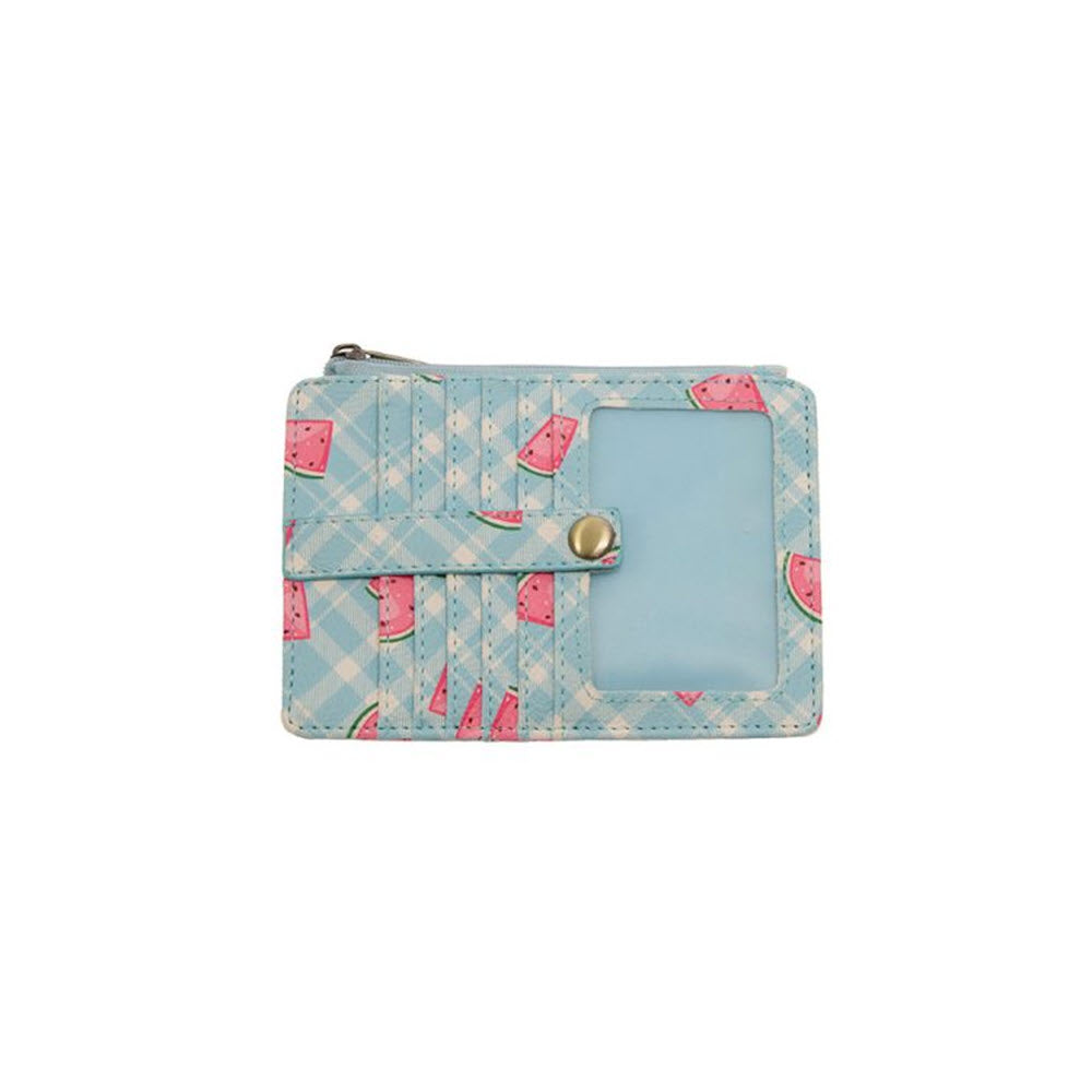 A small, light blue Joy Susan Penny Printed Wallet Watermelon, featuring a button closure and credit card slot.