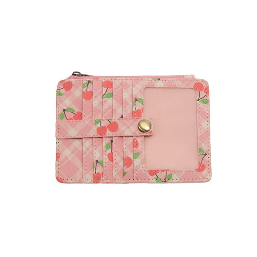 Pink fabric travel wallet with a striped and cherry pattern design, featuring an external credit card slot and a metallic snap closure. JOY SUSAN PENNY PRINTED WALLET CHERRIES by Joy Susan.
