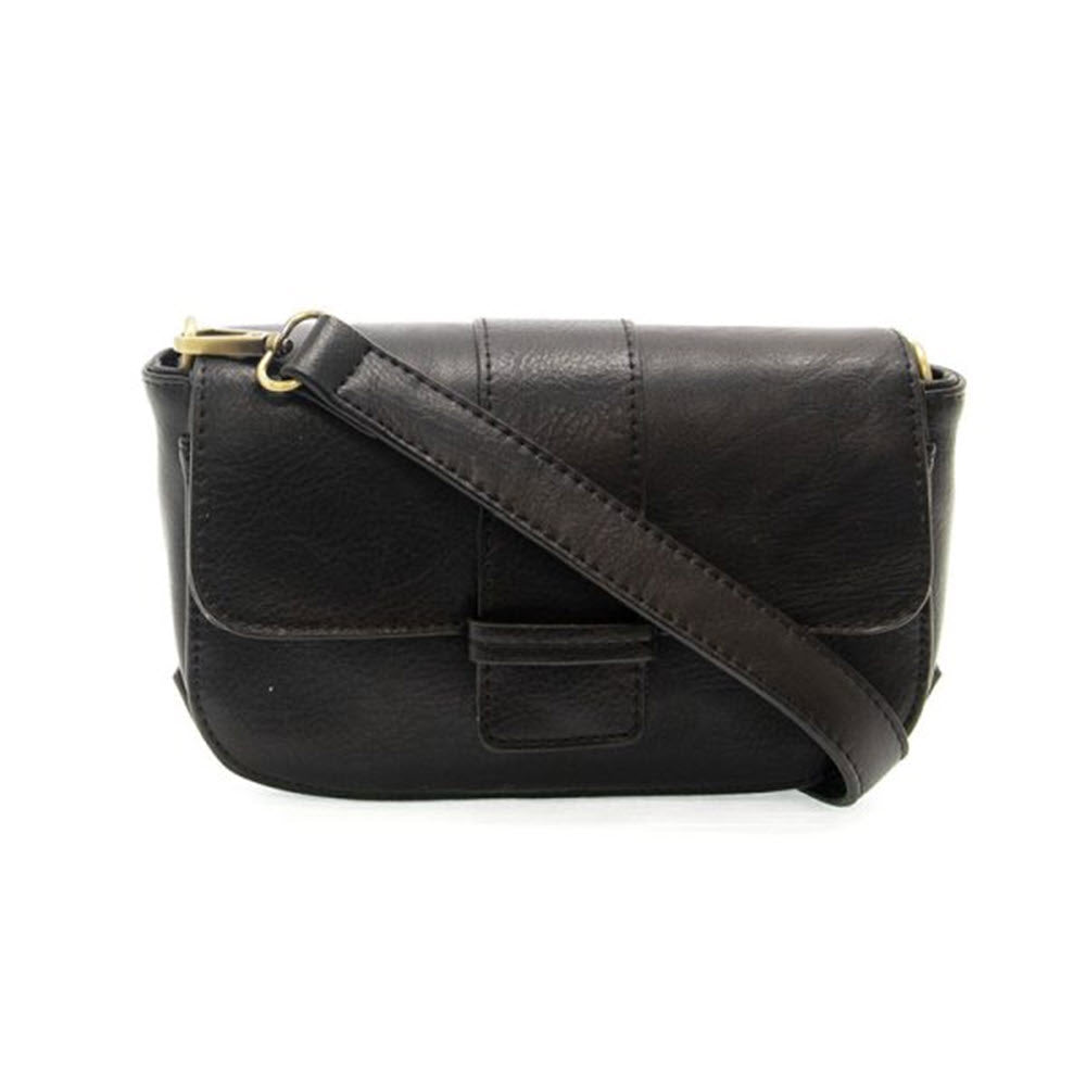 A black vegan leather JOY SUSAN BECCA crossbody bag with a front flap and gold-tone zipper, isolated on a white background.
