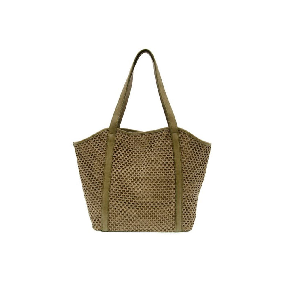 Beige vegan leather Joy Susan Haven open weave tote bag with double handles, displayed on a white background.