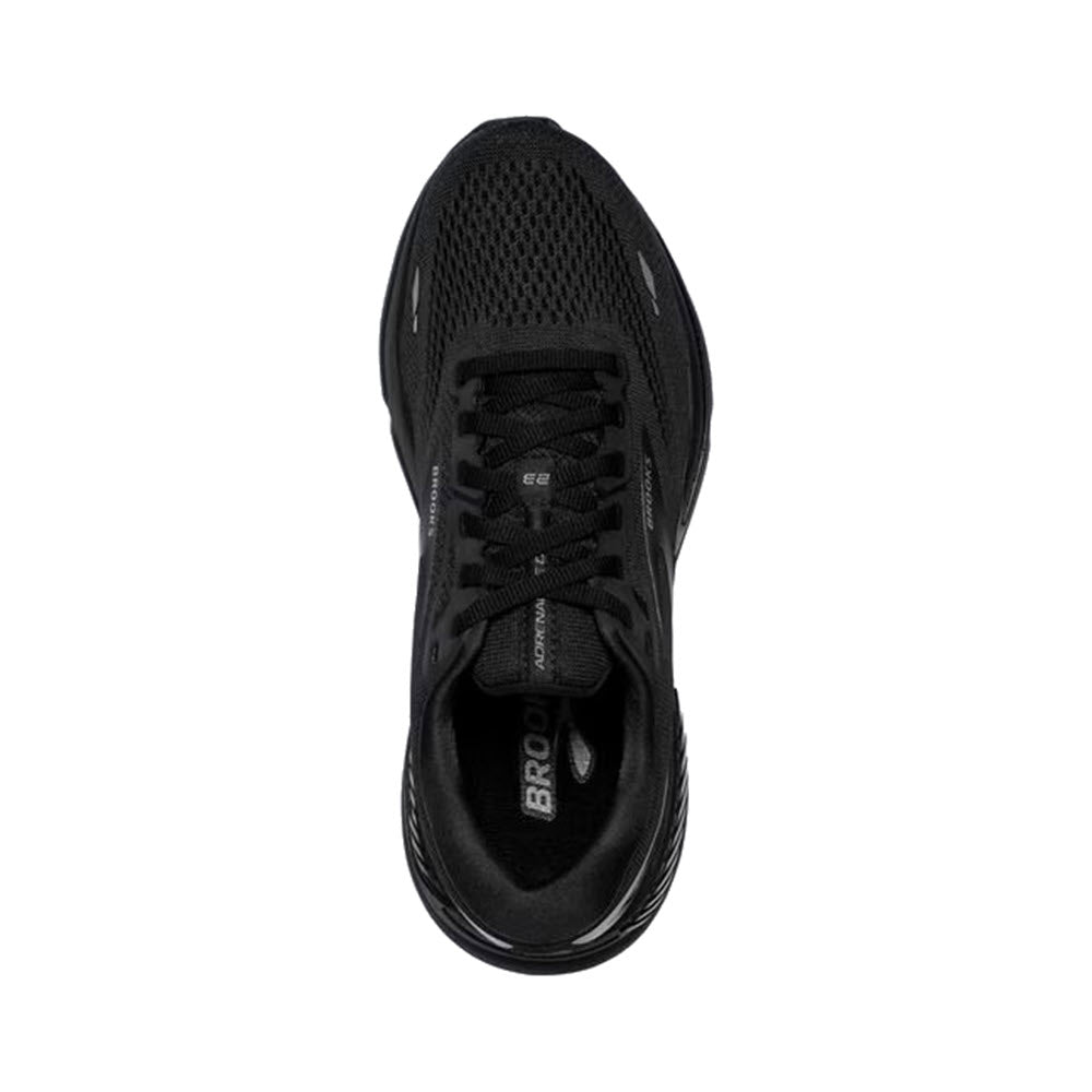 Top view of a single black men&#39;s Brooks Adrenaline GTS 23 running shoe with laces and breathable mesh fabric.
