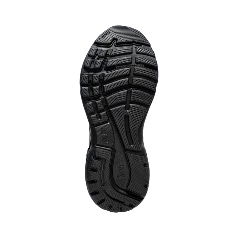 Bottom view of a men&#39;s Brooks Adrenaline GTS 23 Black/Black/Ebony sneaker&#39;s textured sole with various tread patterns and branding details.