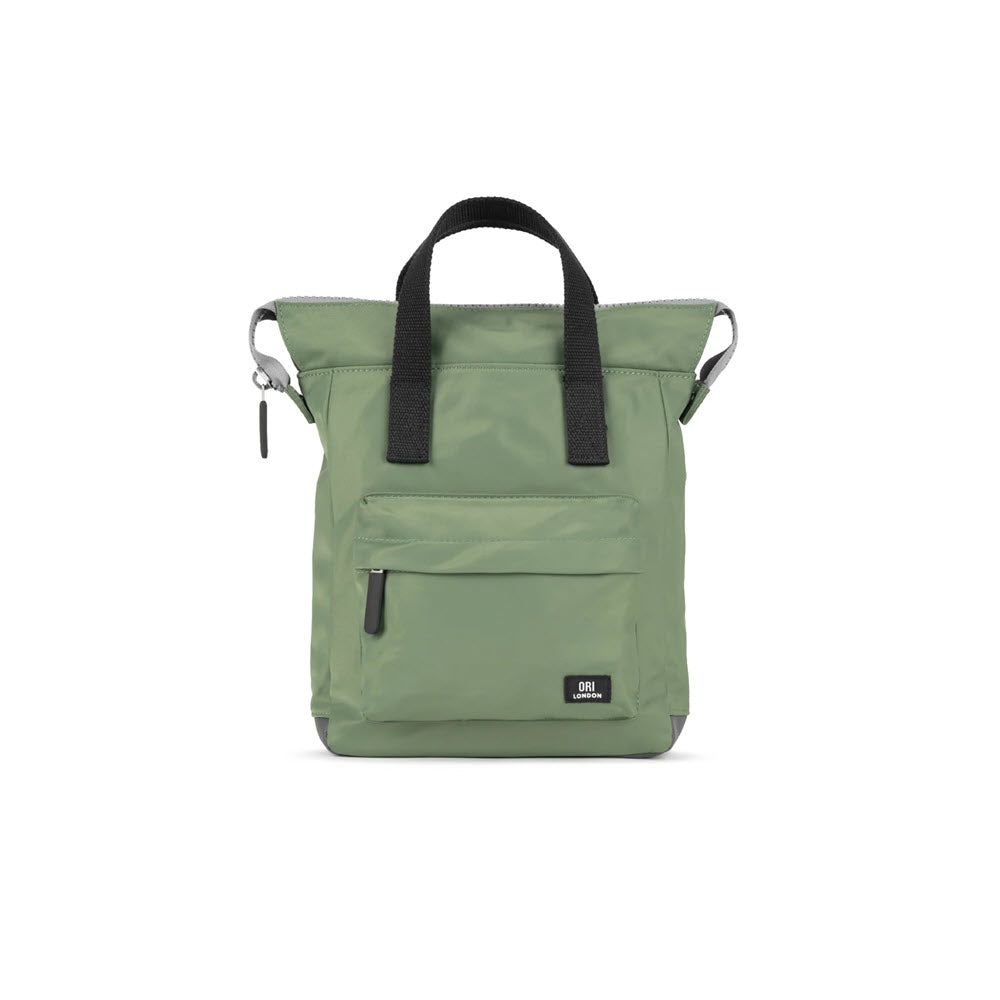 A light green ORI BANTRY SM NYLON BLACK LABEL GRANITE tote bag with a black handle, front zipper pocket, laptop/tablet sleeve, and a logo on a white background. Brand: Ori London.