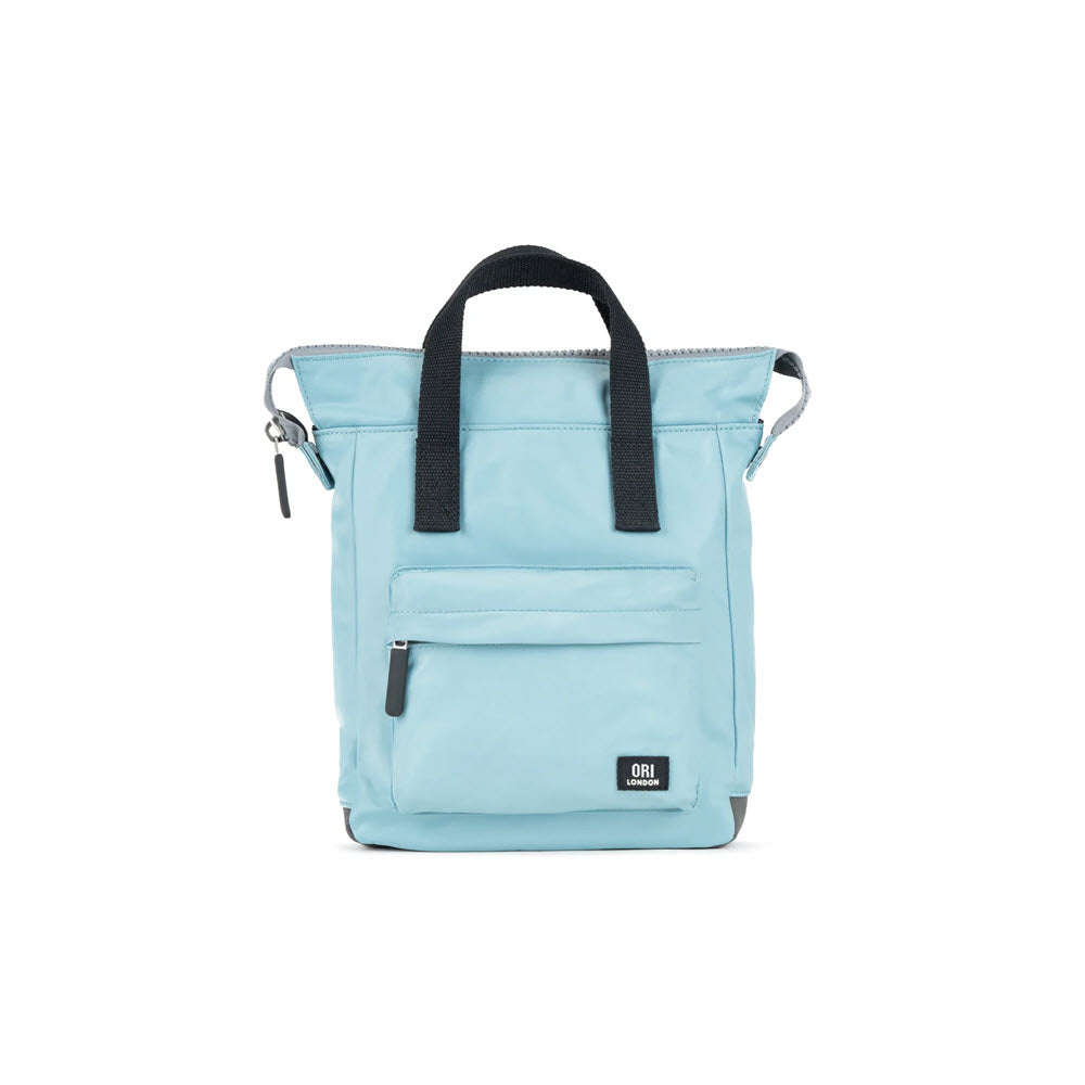 Light blue Ori London tote bag with black handles, featuring a front zipper pocket, a laptop/tablet sleeve, and an ORI BANTRY SM NYLON BLACK LABEL SPEARMINT brand label, set against a white background.