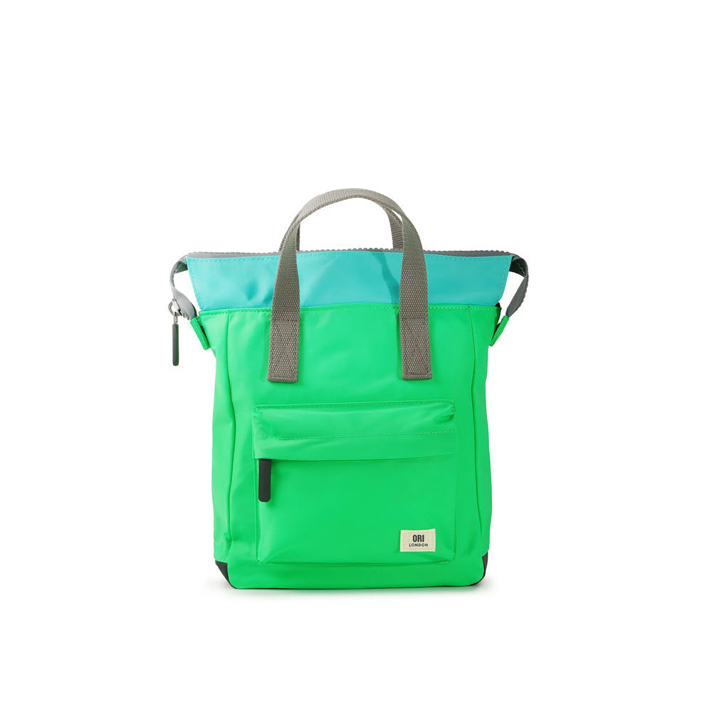 A Ori London turquoise and green ORI BANTRY B SMALL NYLON SHAMROCK/CAPRI tote bag with a front pocket and sturdy zip, isolated on a white background.