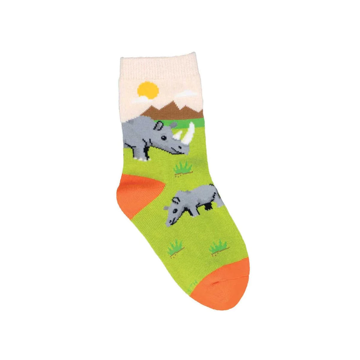 A single SOCKSMITH RAMBUNCTIOUS RHINOS CREW SOCKS PEACH - KIDS with a colorful pattern featuring gray wild rhinos, orange accents, and small brown mountains under a yellow sun.
