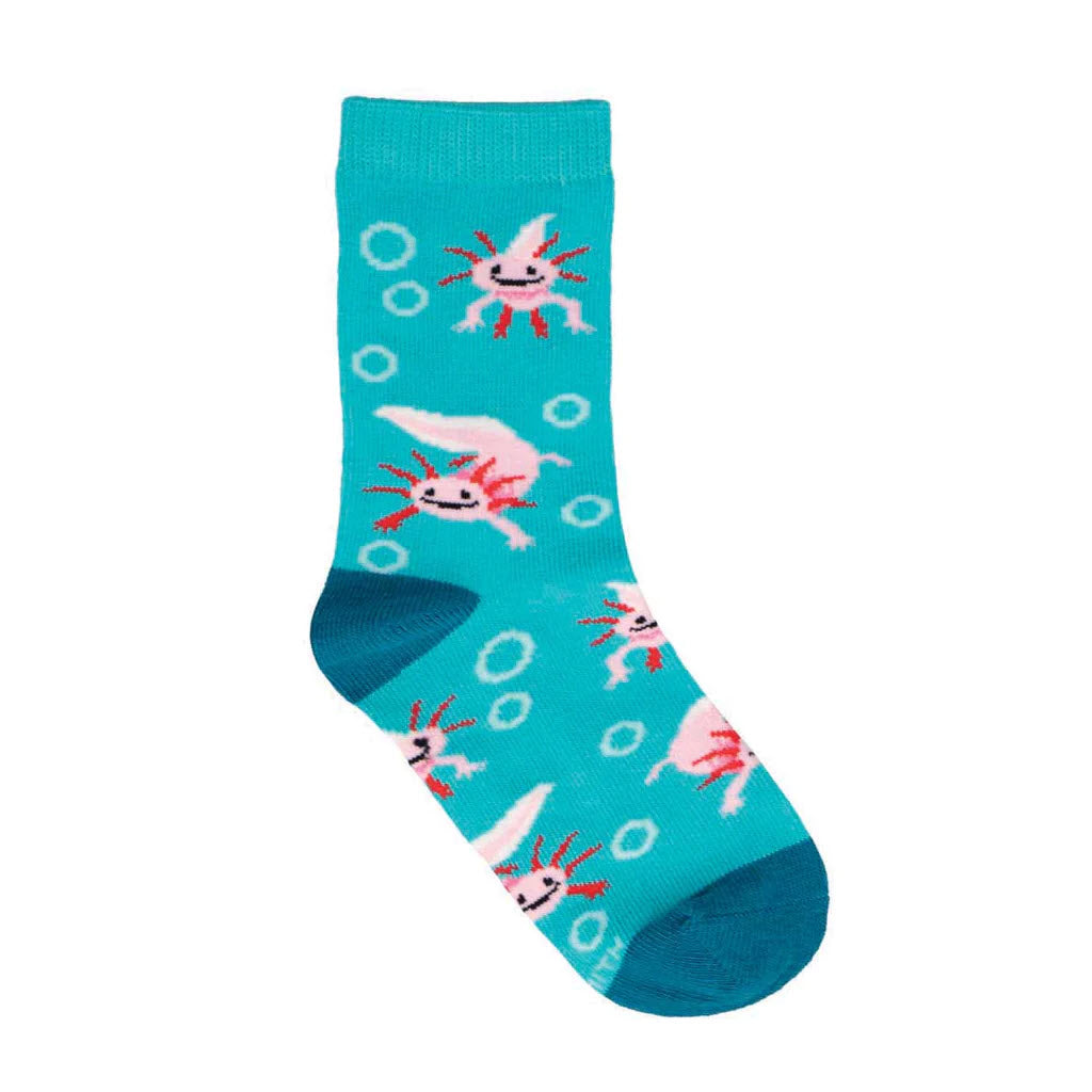 A single SOCKSMITH AWESOME AXOLOTS CREW SOCKS TEAL - KIDS with pink crab and white axolotl patterns on a white background.