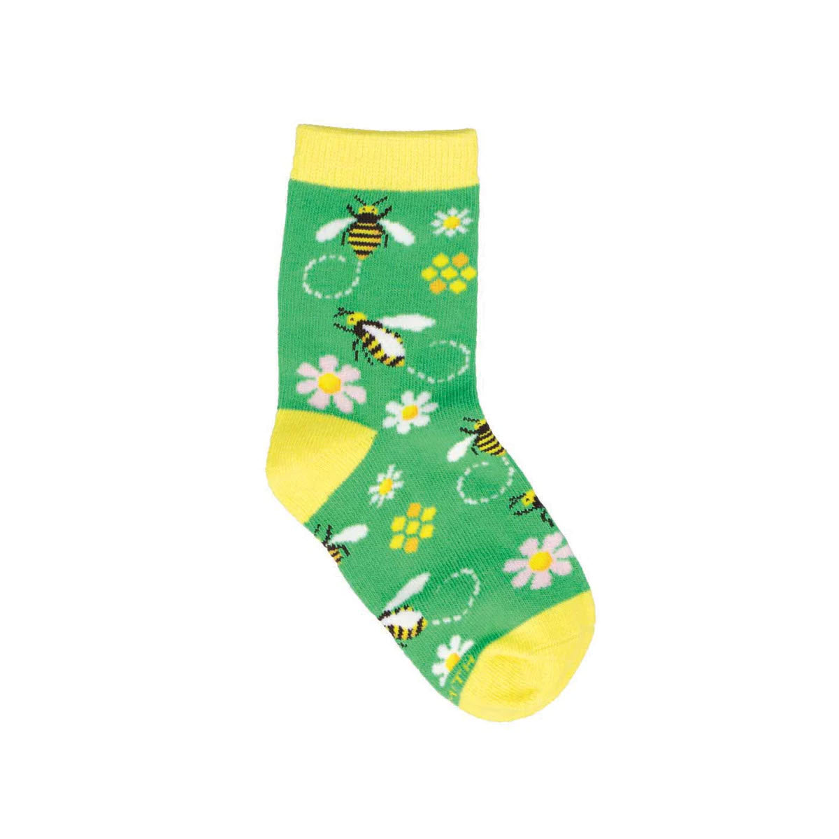 A single SOCKSMITH MIND YOUR BZZNESS CREW SOCKS GREEN - KIDS with a pattern of bees, daisies, and bubbles, featuring a yellow toe and heel, isolated on a white background.