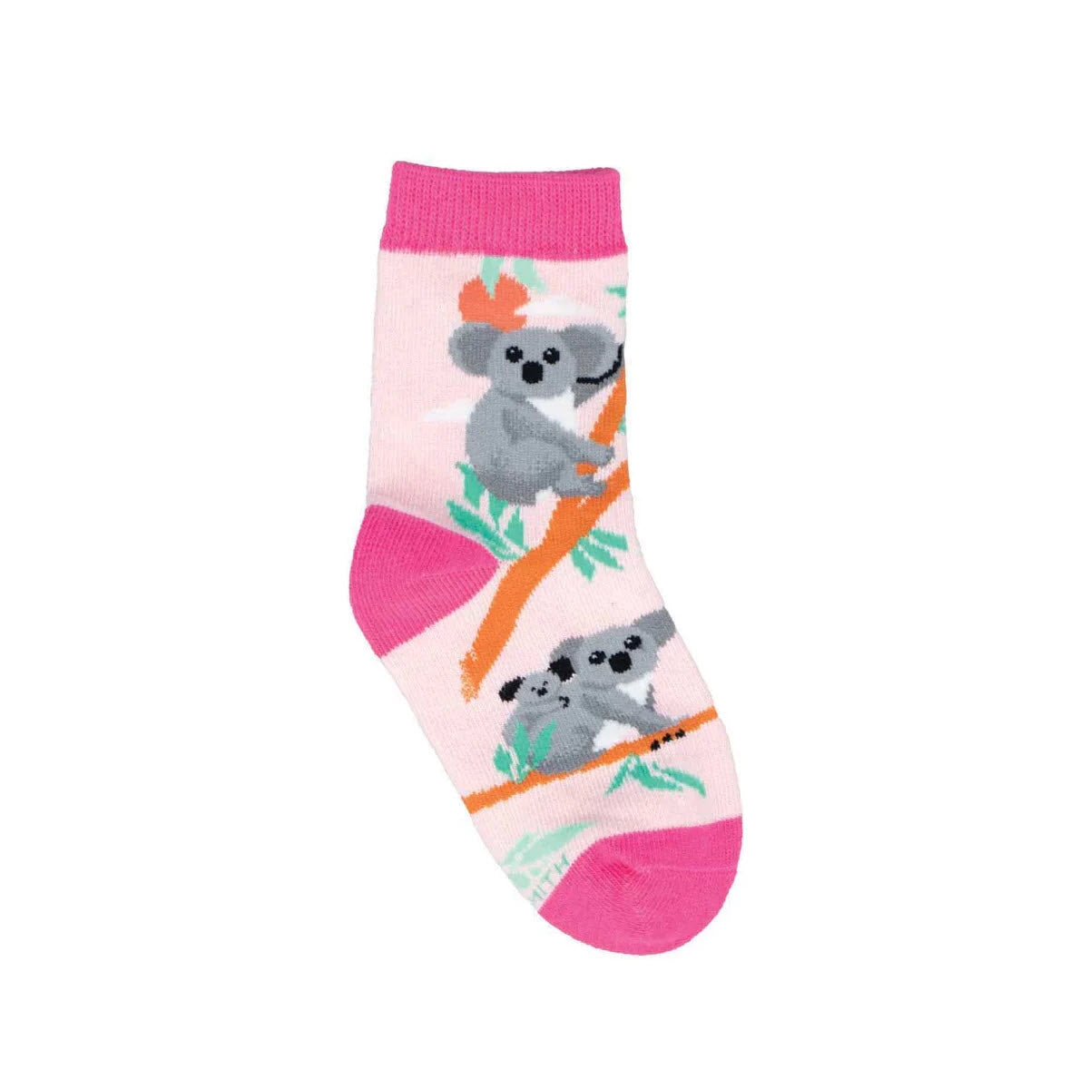 A youth size SOCKSMITH CUTE KOALAS CREW SOCKS PINK - KIDS featuring a pattern of koala joeys on branches, with pink toe and top cuff details, isolated on a white background.