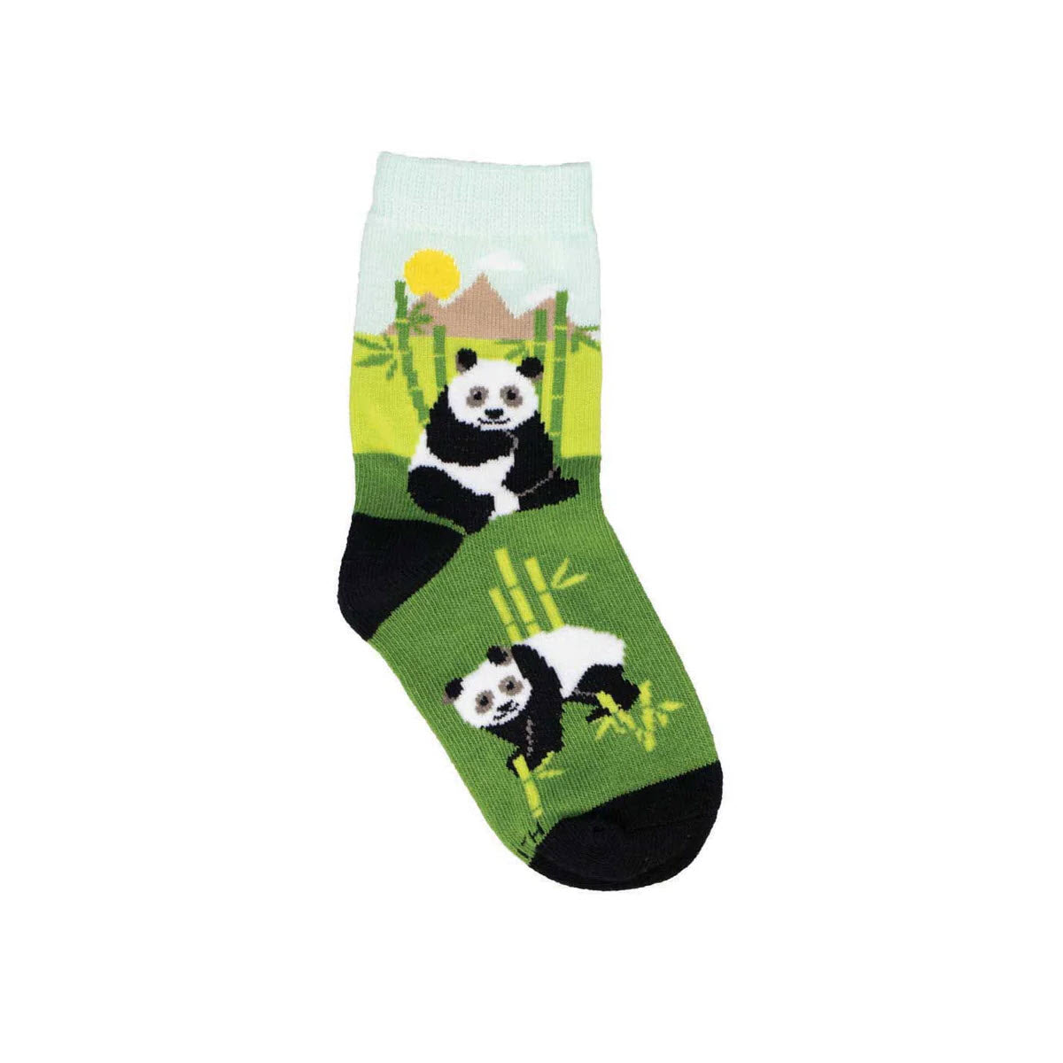 A pair of SOCKSMITH HAPPY PANDAS CREW SOCKS MINT - KIDS for kids with a graphic design featuring two pandas, one sitting and one lying down, against a green and yellow background with bamboo and a sun.