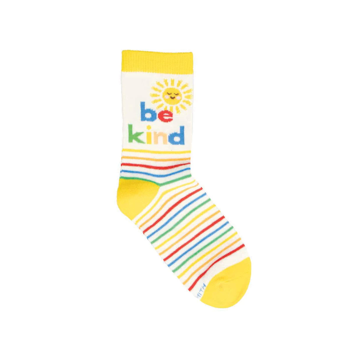 A colorful striped kids sock with "be kind" text and a sun design on a white background, suitable for shoe size 10-1 youth. Check out the Socksmith Be Kind Crew Socks Ivory - Kids.