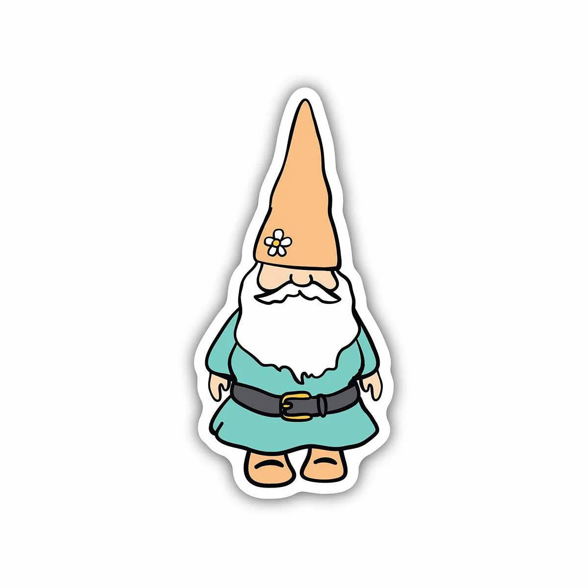 Spring STICKERS NORTHWEST GNOME featuring a whimsical garden gnome with a long white beard, wearing a blue shirt, green vest, and brown belt on weatherproof vinyl to add a pop of color from Stickers Northwest.