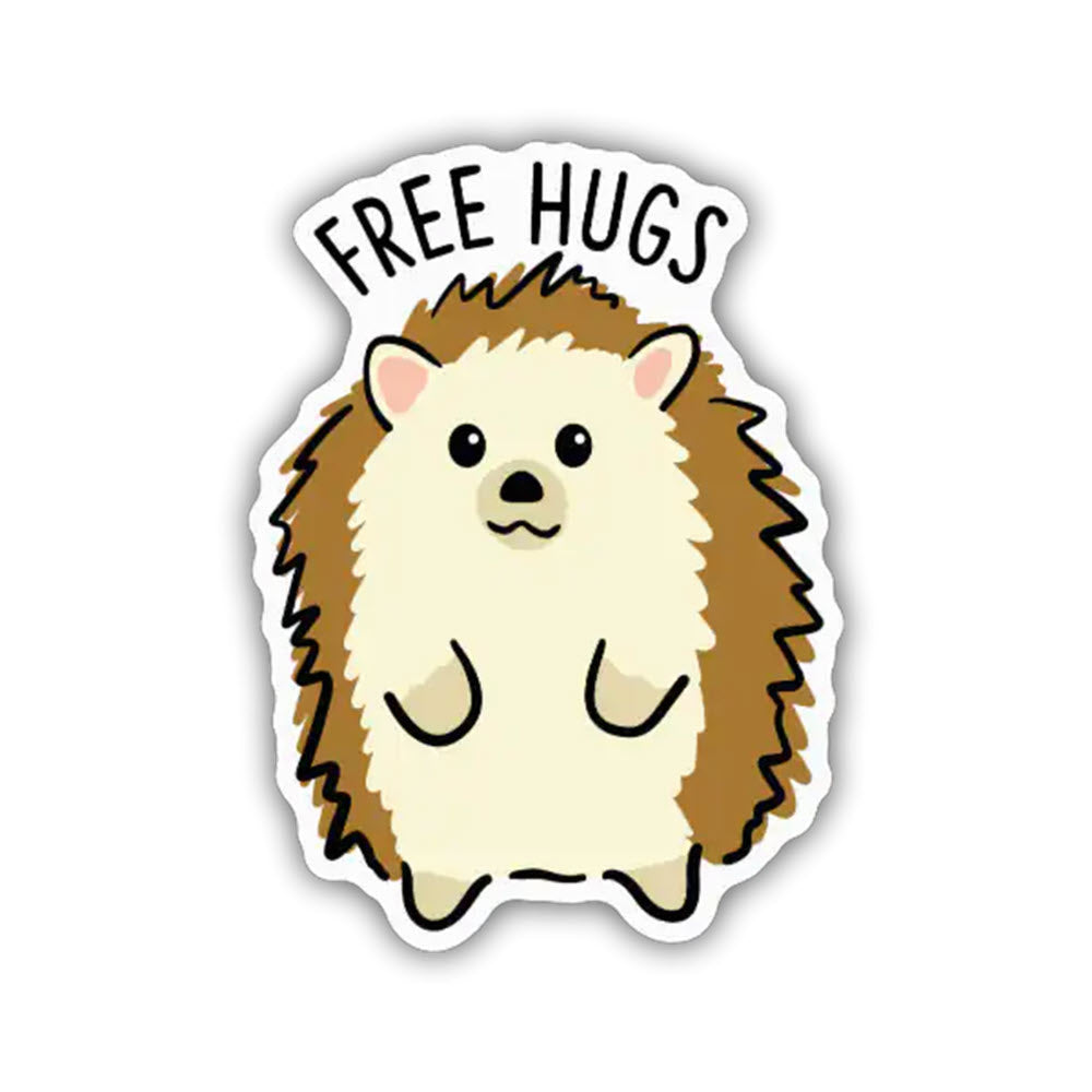 Stickers Northwest Free Hugs sticker of a cartoon hedgehog standing with arms open, made in USA. Above its head is text that reads "free hugs". The hedgehog has a friendly expression.