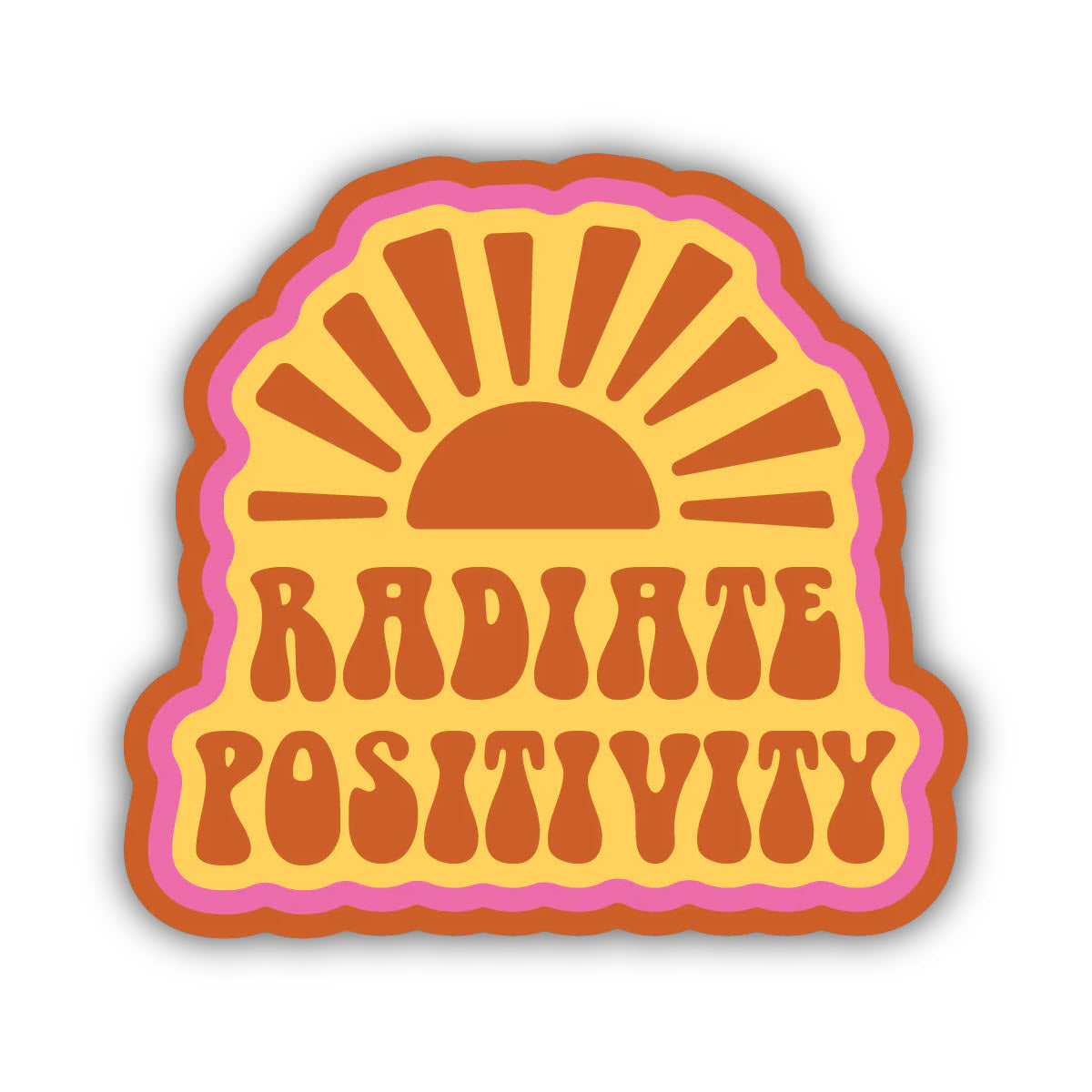 Stickers Northwest radiate positivity with a weatherproof, orange and yellow design featuring the sun and the words "radiate positivity" in bold, stylized text.