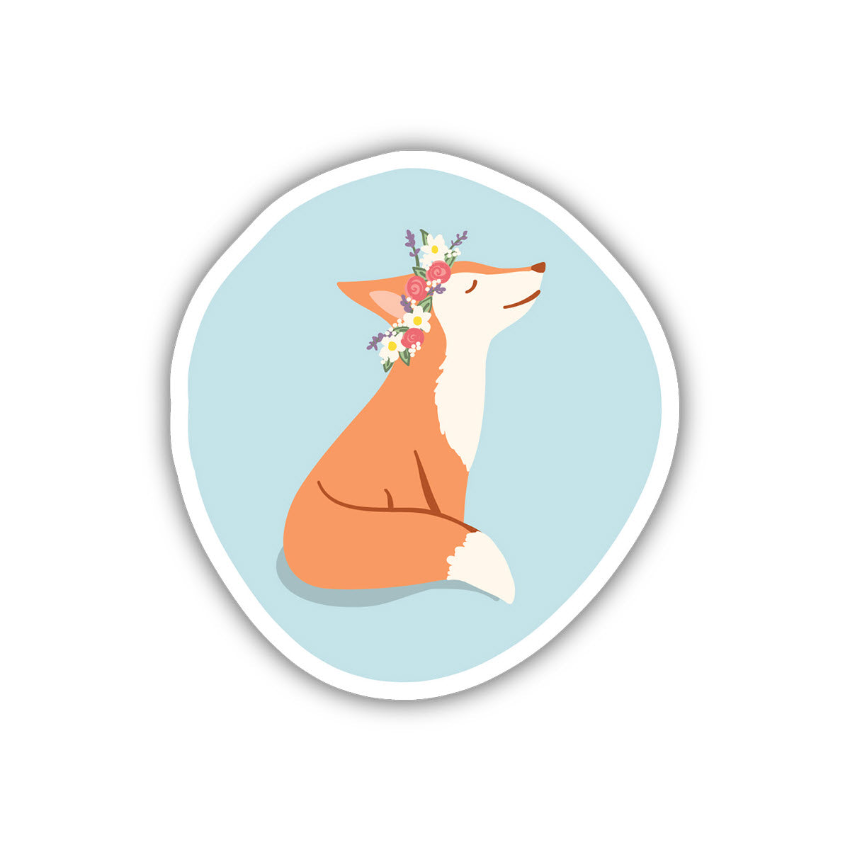 Illustration of a Stickers Northwest Fox sitting with flowers on its head against a light blue background, encircled by a white border, made in the USA.
