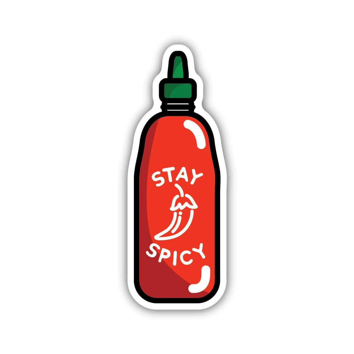 Sticker of a weatherproof Stickers Northwest Stay Spicy hot sauce bottle with the phrase "stay spicy" and a chili pepper illustration on it, outlined with a white border.